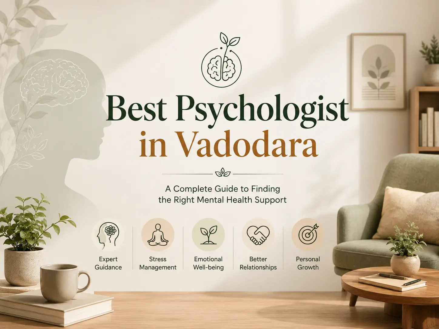 Psychologist in Vadodara banner highlighting stress management, emotional wellness, expert guidance, and personal growth
