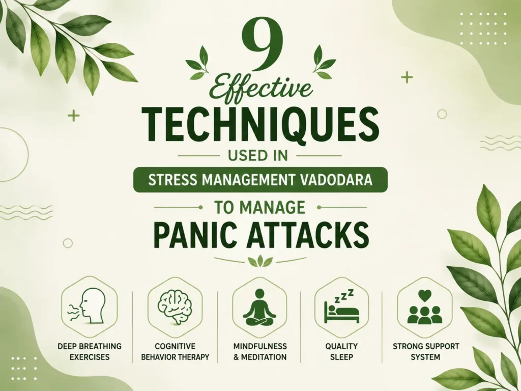 Stress Management Vadodara guide showing 9 effective ways to manage panic attacks through mindfulness, therapy, relaxation, and healthy habits.
