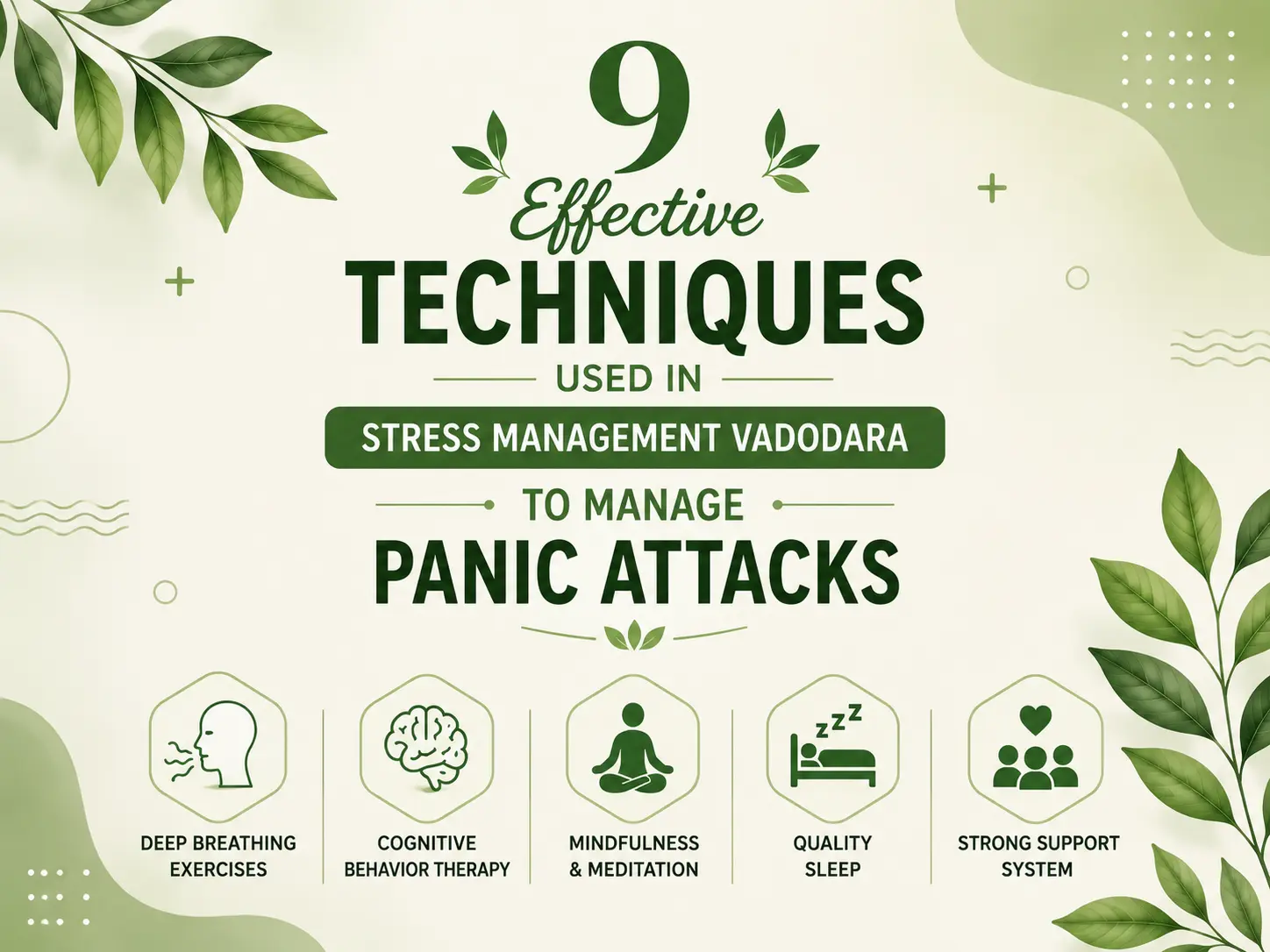 Stress Management Vadodara guide showing 9 effective ways to manage panic attacks through mindfulness, therapy, relaxation, and healthy habits.
