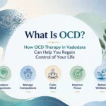 What Is OCD? How OCD Therapy in Vadodara Can Help You Regain Control of Your Life infographic with OCD recovery and mental wellness icons.