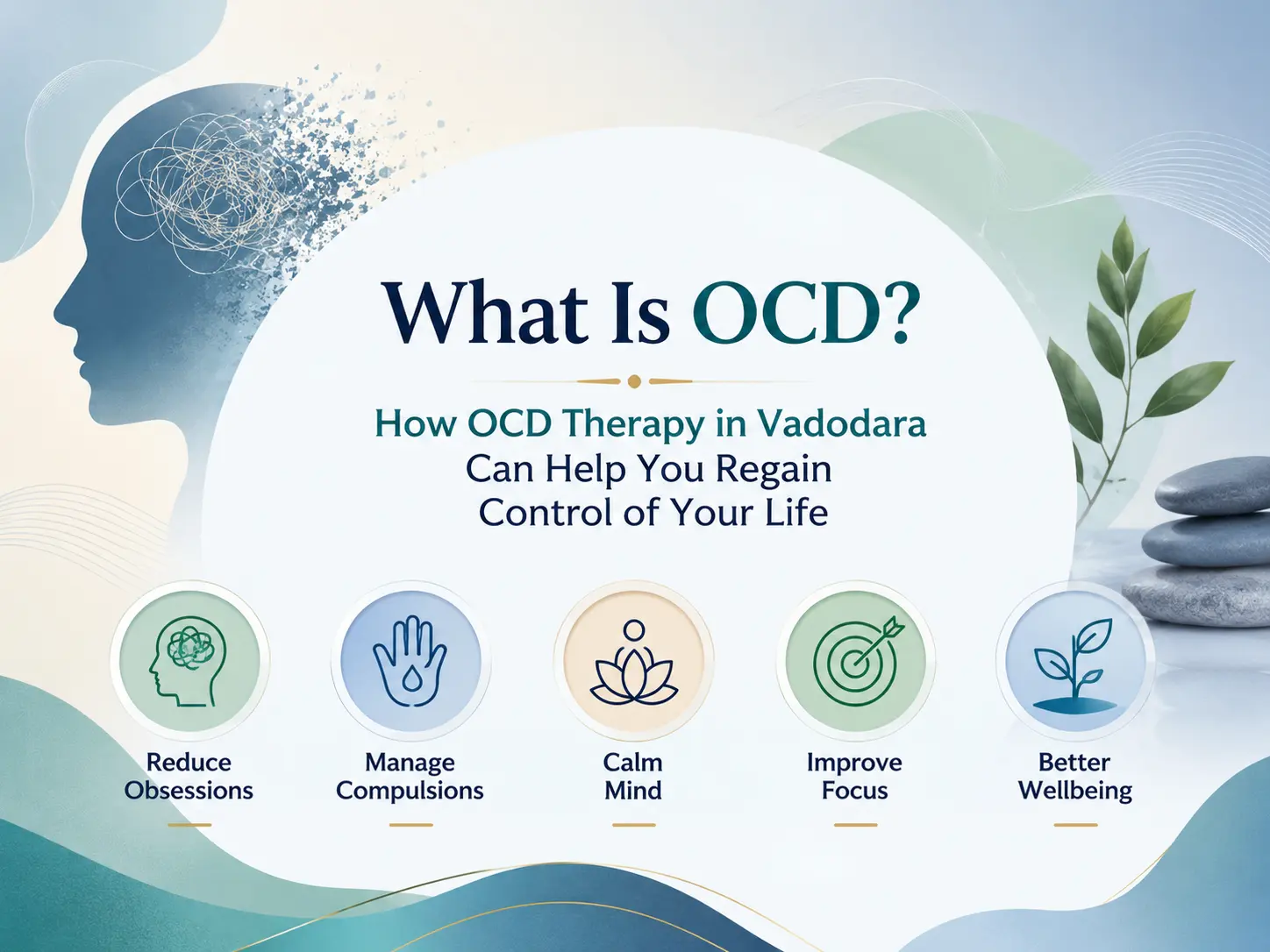 What Is OCD? How OCD Therapy in Vadodara Can Help You Regain Control of Your Life infographic with OCD recovery and mental wellness icons.