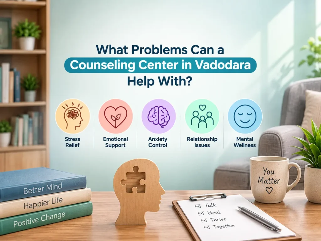 Counseling center in Vadodara providing professional support for stress, anxiety, overthinking, relationships, and emotional well-being.