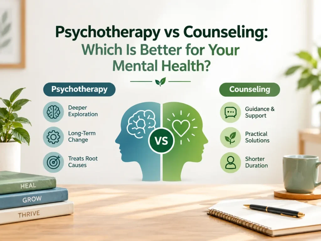 Psychotherapy vs Counseling: A guide to choosing the right mental health support for emotional well-being at The Mind Clinic in Vadodara.