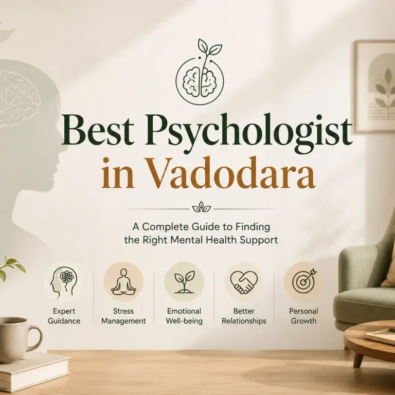 Psychologist in Vadodara banner highlighting stress management, emotional wellness, expert guidance, and personal growth
