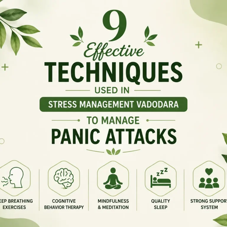 Stress Management Vadodara guide showing 9 effective ways to manage panic attacks through mindfulness, therapy, relaxation, and healthy habits.
